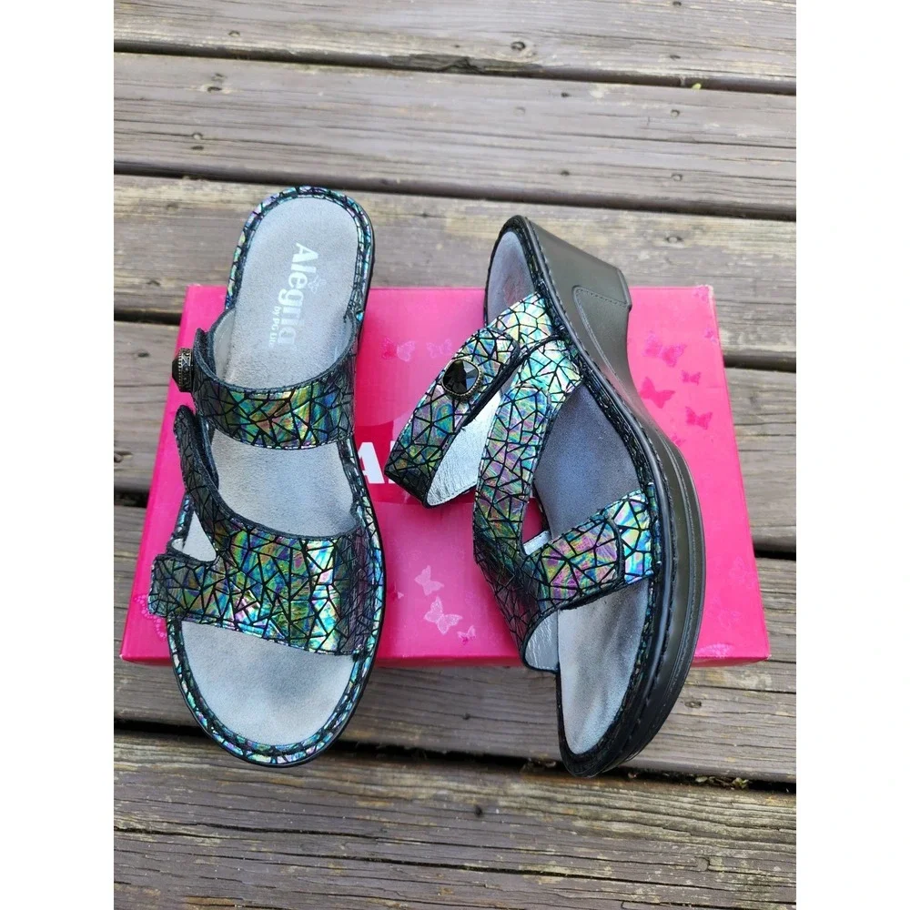 Alegria‎ Loti Tectonic Wedge Sandals Iridescent Mosaic Stained Glass Slide 39
